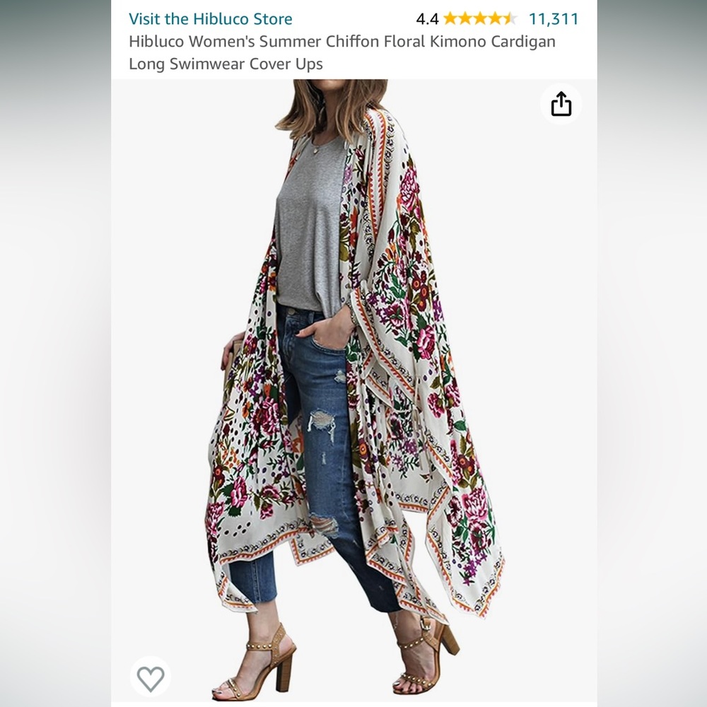 Women's Floral Kimono Swim Coverup - White with Pink & Green